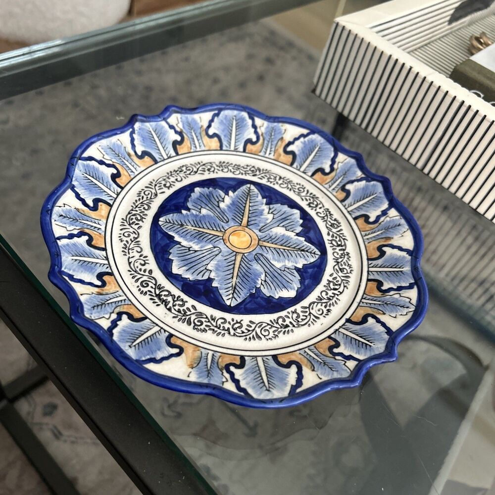I. Godinger & Co Italian VTG Cobalt Yellow Flower Hand Painted 7"Dessert Plate